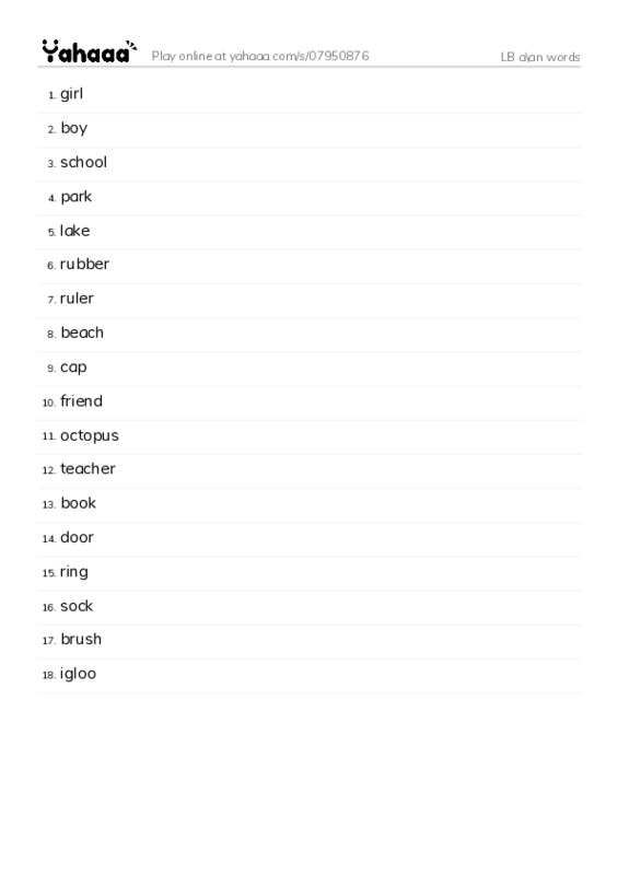 Word list with meanings worksheet for LB a\an words