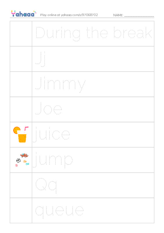 Picture and word rows worksheet for During the break, Jj, Jimmy and 14 more