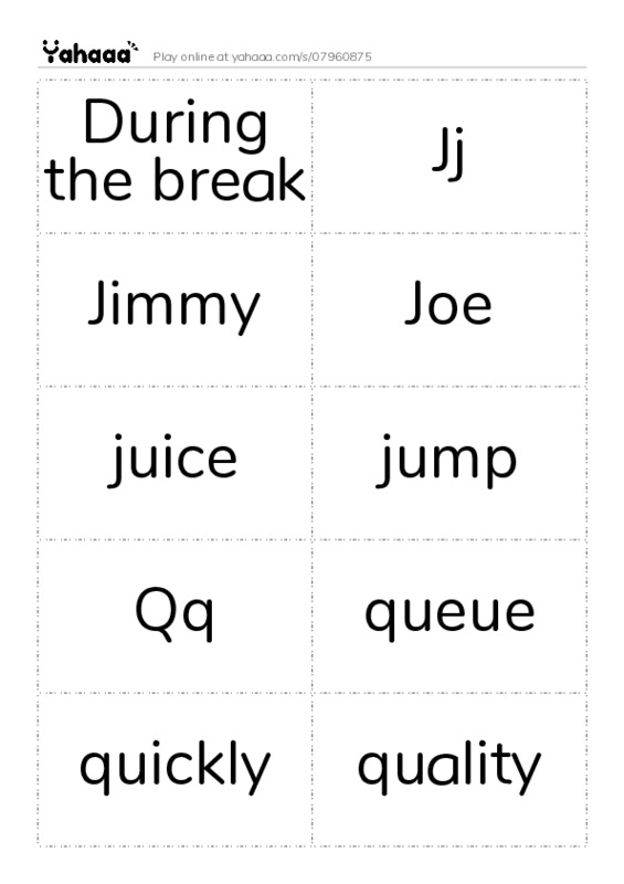 Word flashcards worksheet for During the break, Jj, Jimmy and 14 more