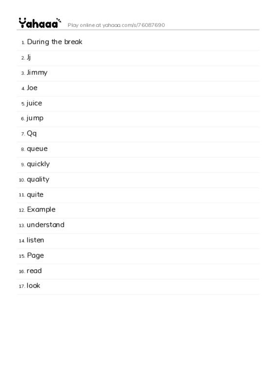 Word list with meanings worksheet for During the break, Jj, Jimmy and 14 more