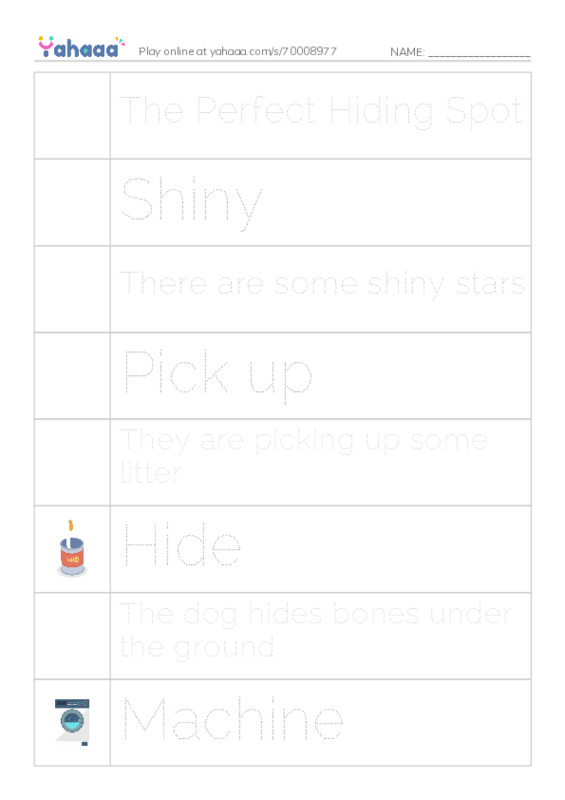 Picture and word rows worksheet for The Perfect Hiding Spot, Shiny, There are some shiny stars and 6 more