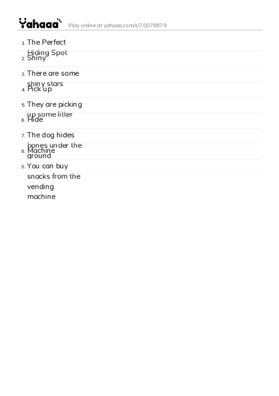 Word list with meanings worksheet for The Perfect Hiding Spot, Shiny, There are some shiny stars and 6 more