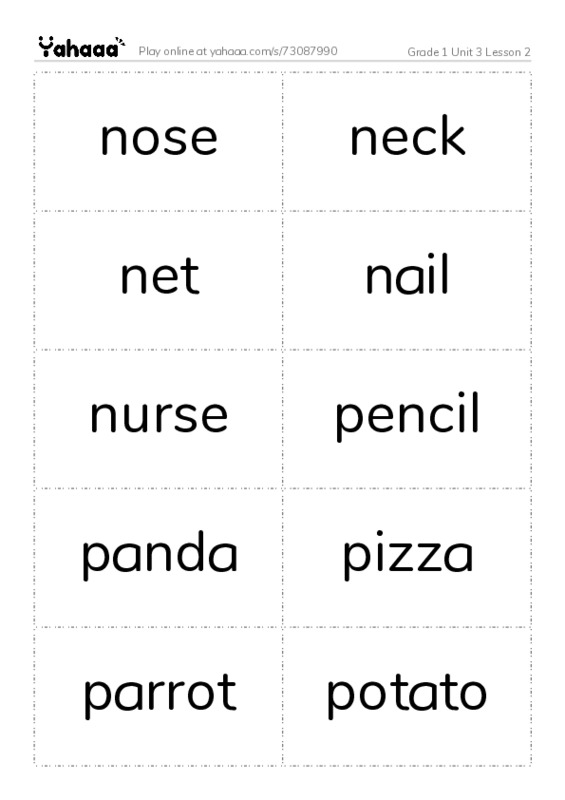 Word flashcards worksheet for Grade 1 Unit 3 Lesson 2