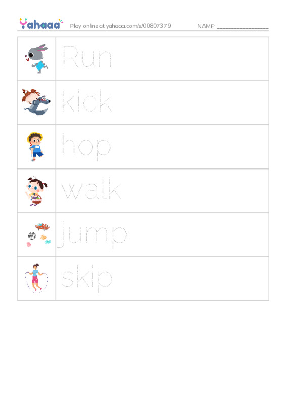 Picture and word rows worksheet for Action verbs