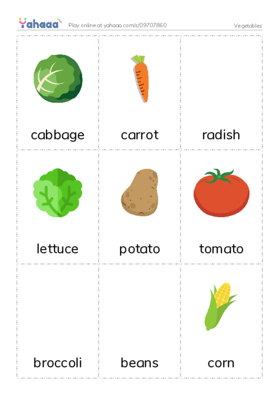Picture flashcards worksheet for Vegetables