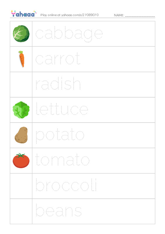 Picture and word rows worksheet for Vegetables