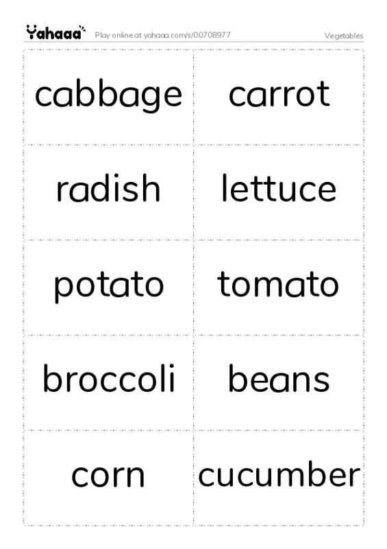 Word flashcards worksheet for Vegetables