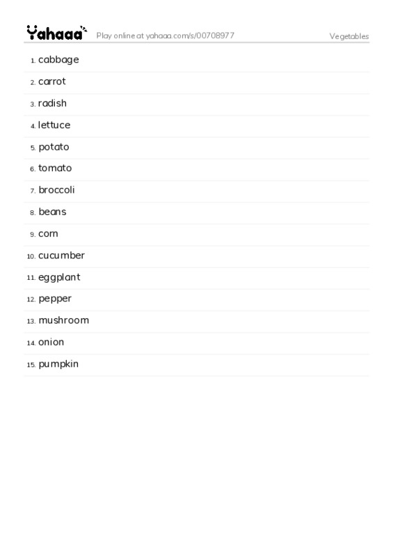 Word list with meanings worksheet for Vegetables