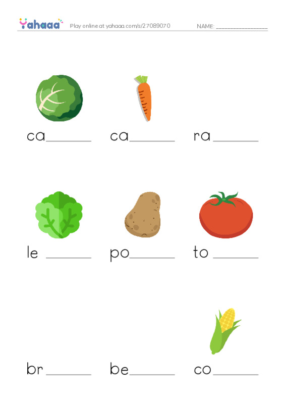 Finish the word worksheet for Vegetables