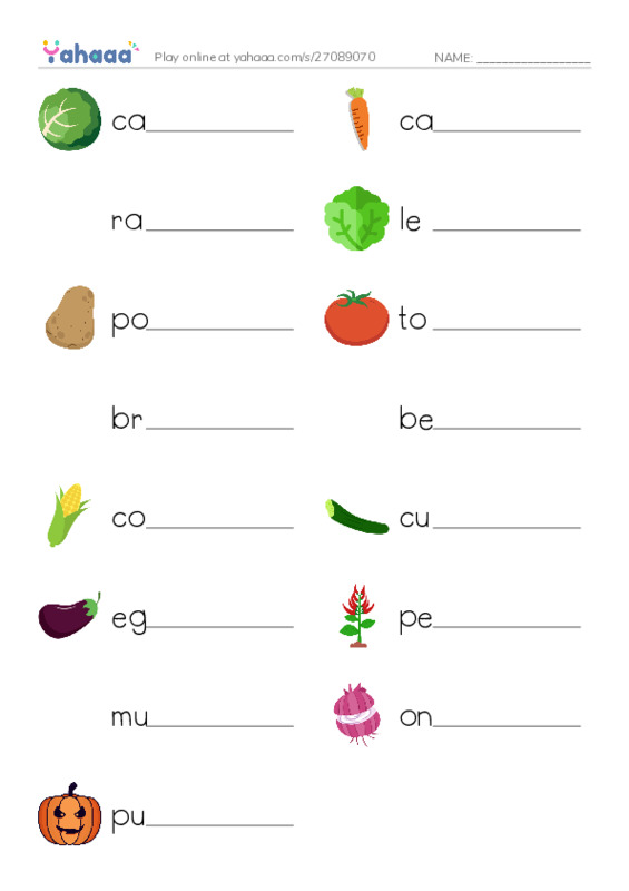 Write the word rows worksheet for Vegetables