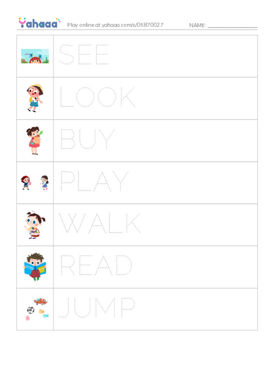 Picture and word rows worksheet for BUNCH OF VERBS 2