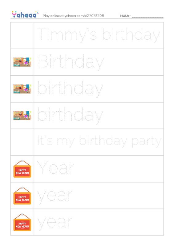 Picture and word rows worksheet for Timmy’s birthday, Birthday, birthday and 10 more