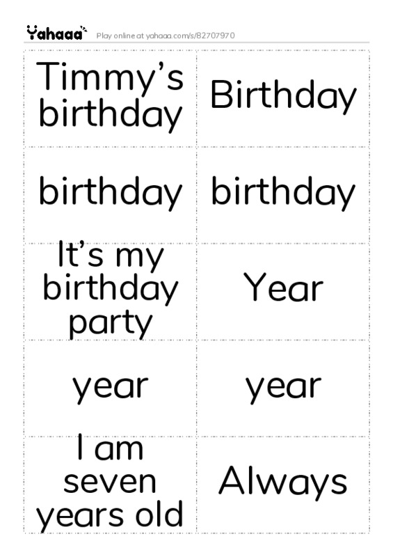 Word flashcards worksheet for Timmy’s birthday, Birthday, birthday and 10 more