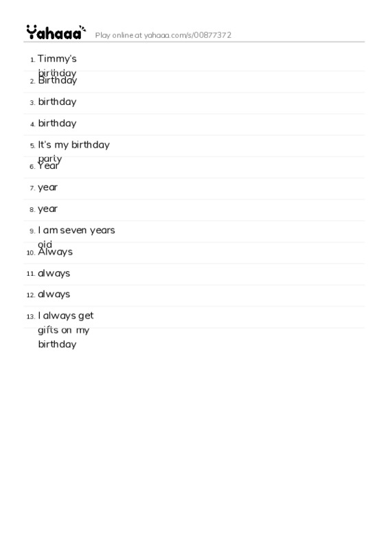 Word list with meanings worksheet for Timmy’s birthday, Birthday, birthday and 10 more