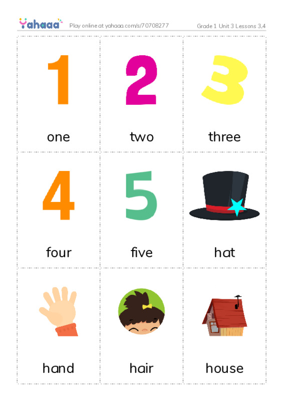 Picture flashcards worksheet for Grade 1 Unit 3 Lessons 3,4