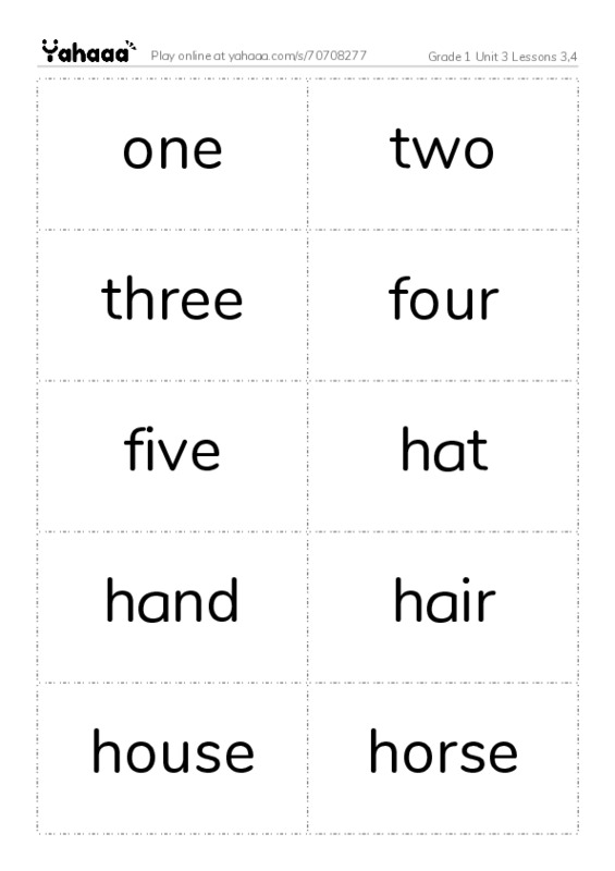 Word flashcards worksheet for Grade 1 Unit 3 Lessons 3,4