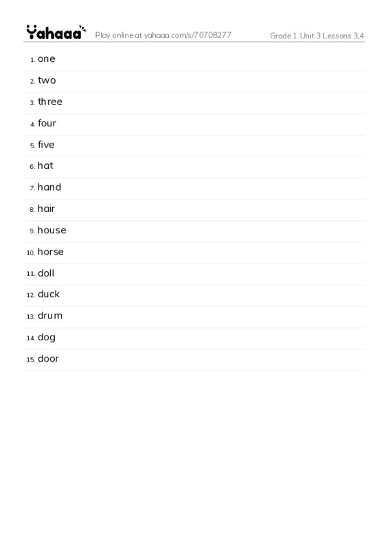 Word list with meanings worksheet for Grade 1 Unit 3 Lessons 3,4
