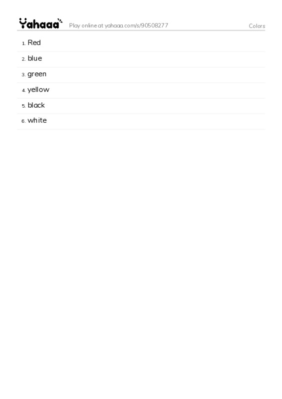 Word list with meanings worksheet for Colors