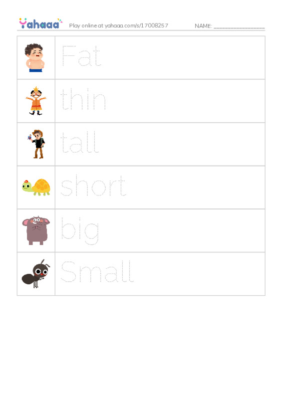 Picture and word rows worksheet for Adjectives
