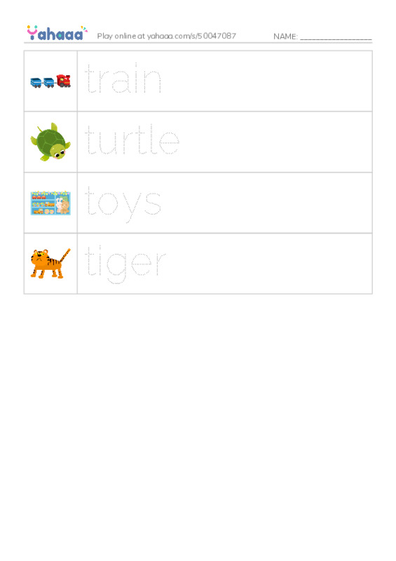 Picture and word rows worksheet for Letter t