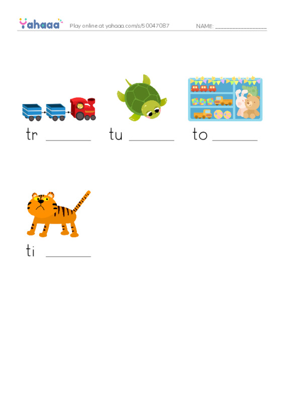 Finish the word worksheet for Letter t