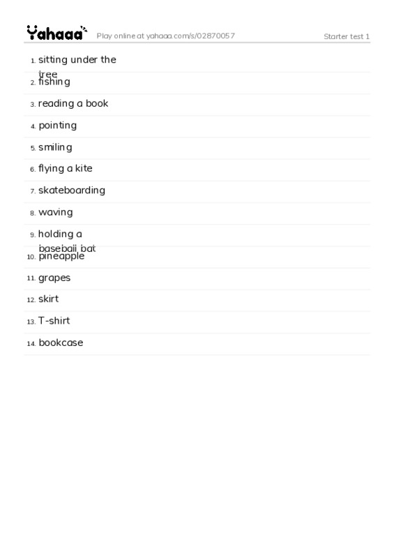 Word list with meanings worksheet for Starter test 1