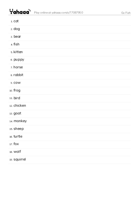 Word list with meanings worksheet for Go Fish