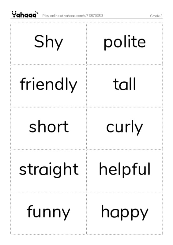 Word flashcards worksheet for Grade 3