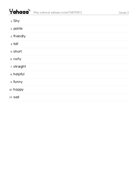 Word list with meanings worksheet for Grade 3
