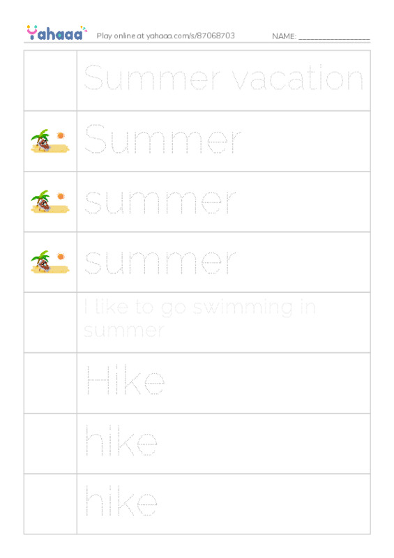 Picture and word rows worksheet for Summer vacation, Summer, summer and 10 more