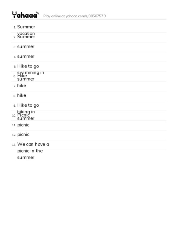 Word list with meanings worksheet for Summer vacation, Summer, summer and 10 more