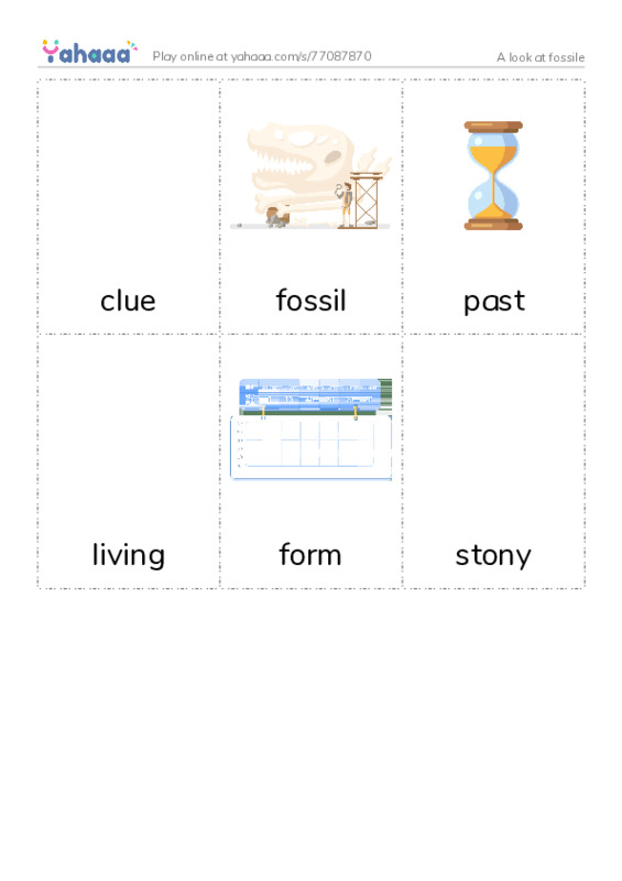 Picture flashcards worksheet for A look at fossile