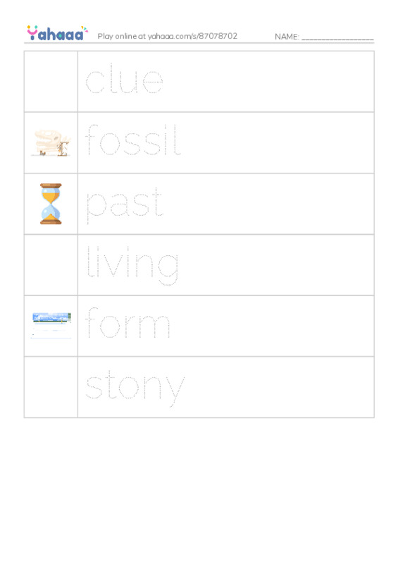 Picture and word rows worksheet for A look at fossile