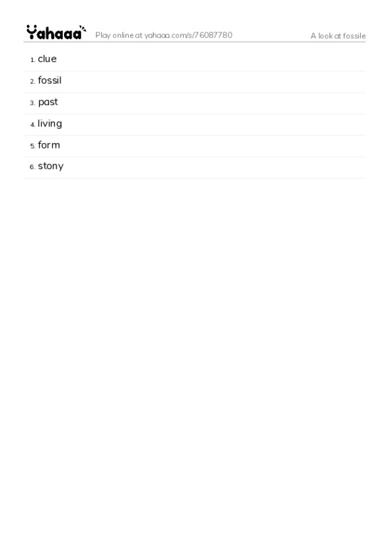 Word list with meanings worksheet for A look at fossile
