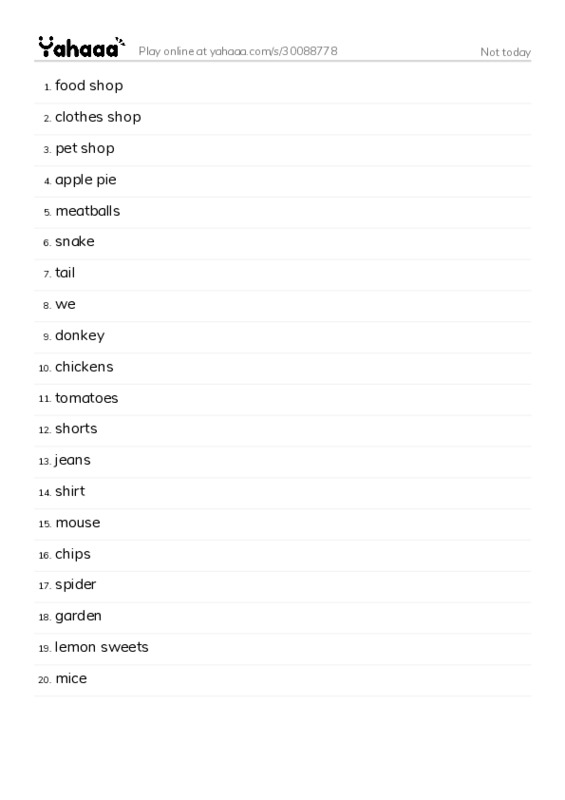 Word list with meanings worksheet for Not today