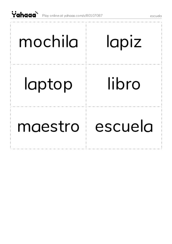 Word flashcards worksheet for escuela