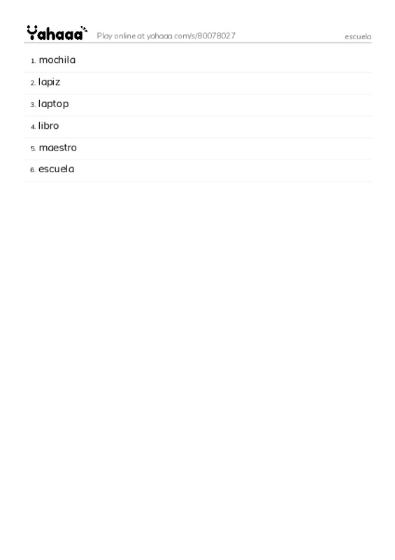 Word list with meanings worksheet for escuela