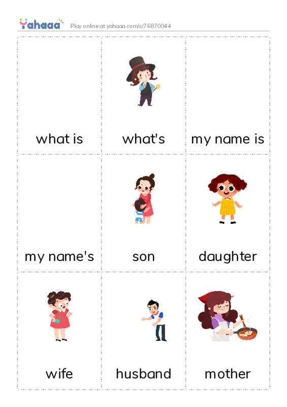 Picture flashcards worksheet for what is, what's, my name is and 9 more