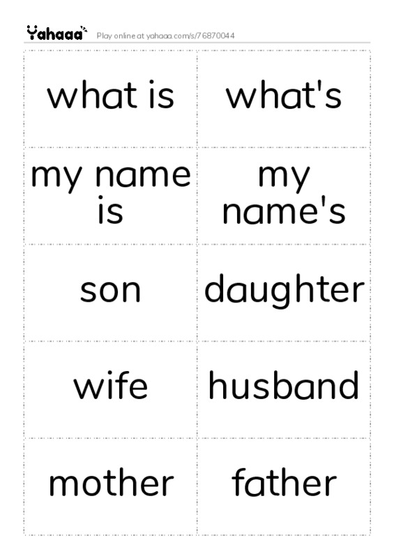 Word flashcards worksheet for what is, what's, my name is and 9 more