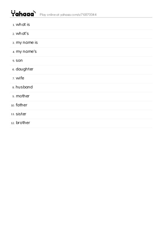 Word list with meanings worksheet for what is, what's, my name is and 9 more