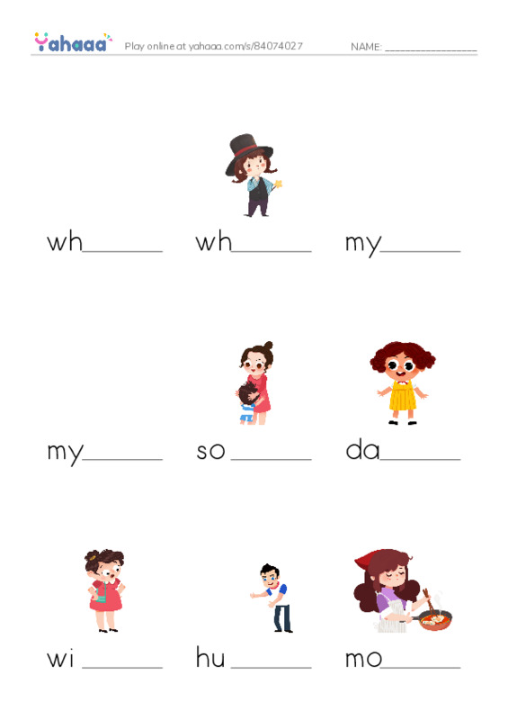 Finish the word worksheet for what is, what's, my name is and 9 more