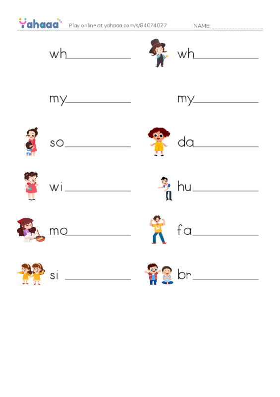 Write the word rows worksheet for what is, what's, my name is and 9 more
