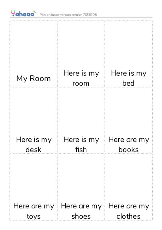 Picture flashcards worksheet for My Room, Here is my room, Here is my bed and 14 more