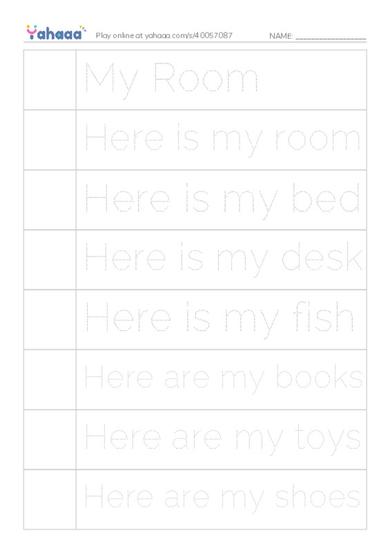 Picture and word rows worksheet for My Room, Here is my room, Here is my bed and 14 more