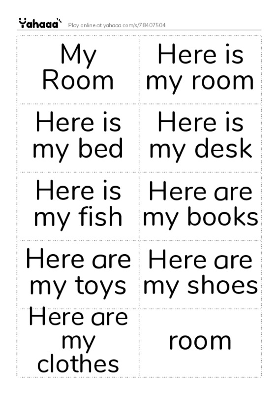 Word flashcards worksheet for My Room, Here is my room, Here is my bed and 14 more