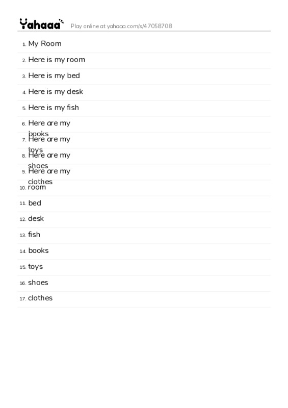Word list with meanings worksheet for My Room, Here is my room, Here is my bed and 14 more