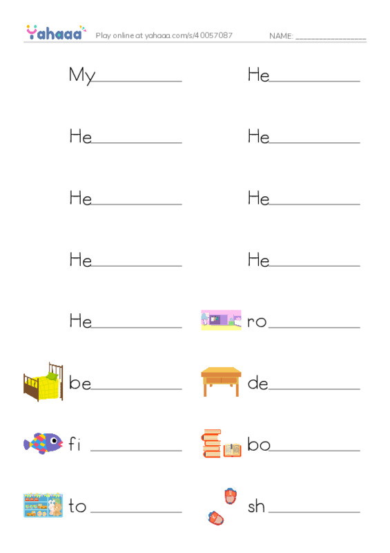 Write the word rows worksheet for My Room, Here is my room, Here is my bed and 14 more