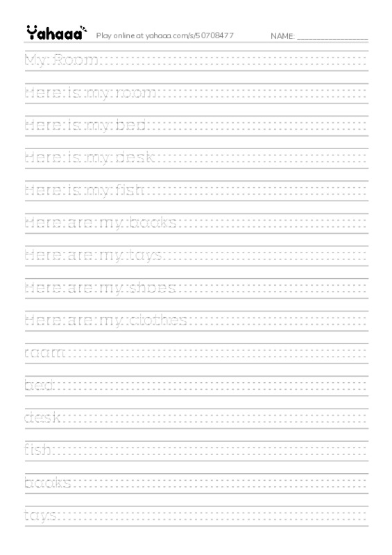 Handwriting lines worksheet for My Room, Here is my room, Here is my bed and 14 more