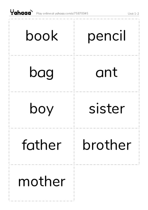 Word flashcards worksheet for Unit 1-2