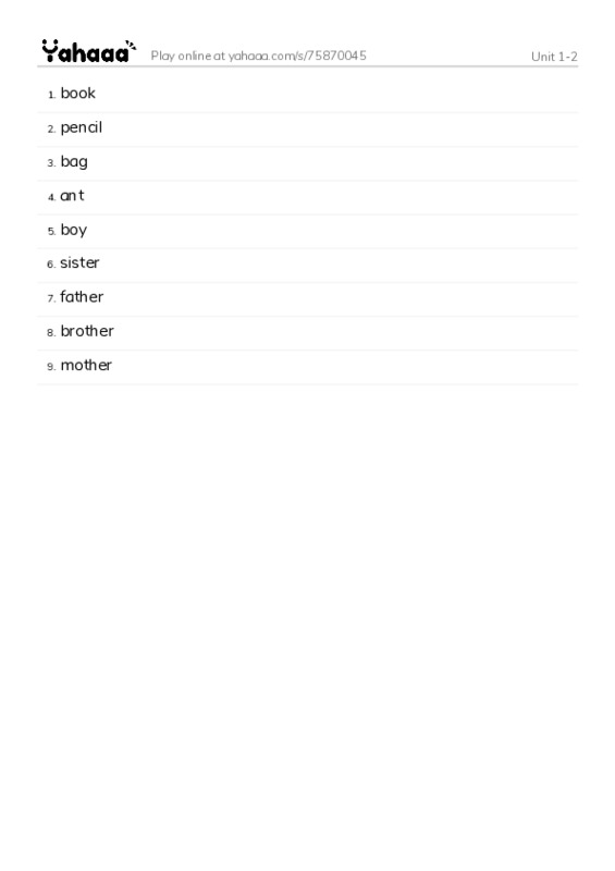 Word list with meanings worksheet for Unit 1-2